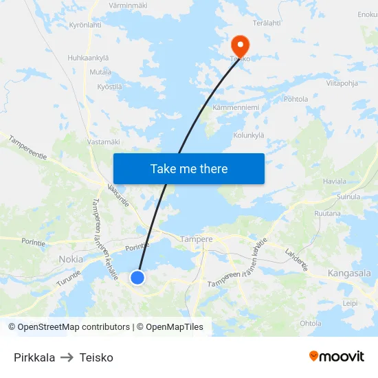 Pirkkala to Teisko map