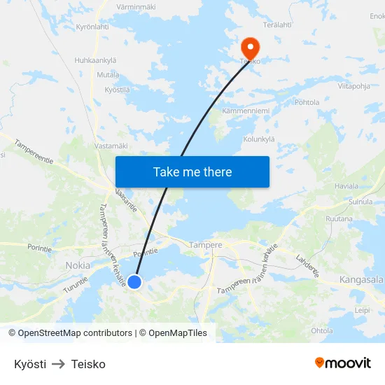 Kyösti to Teisko map