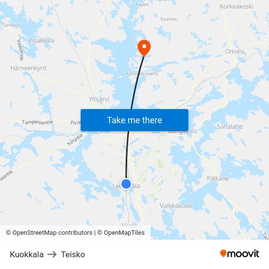 Kuokkala to Teisko map