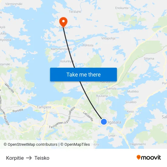 Korpitie to Teisko map