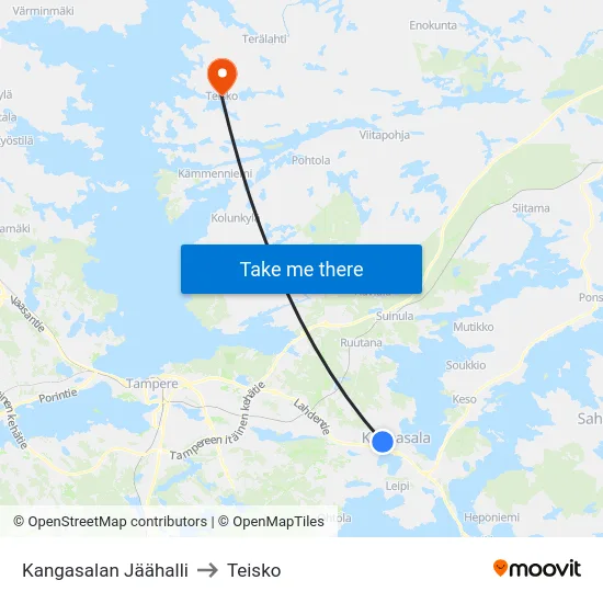 Kangasalan Jäähalli to Teisko map