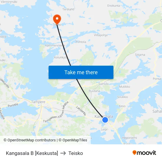 Kangasala B [Keskusta] to Teisko map