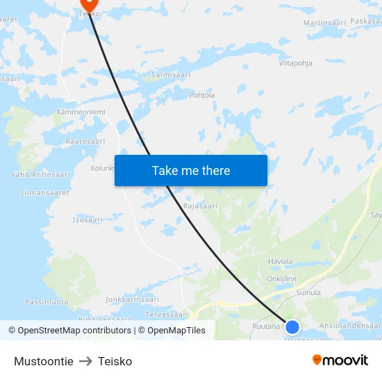 Mustoontie to Teisko map