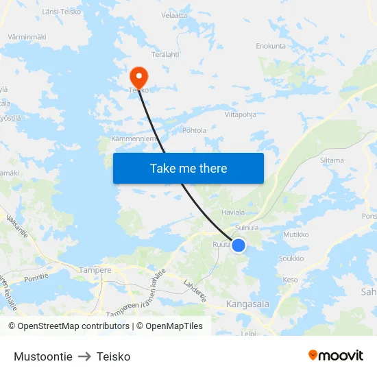 Mustoontie to Teisko map