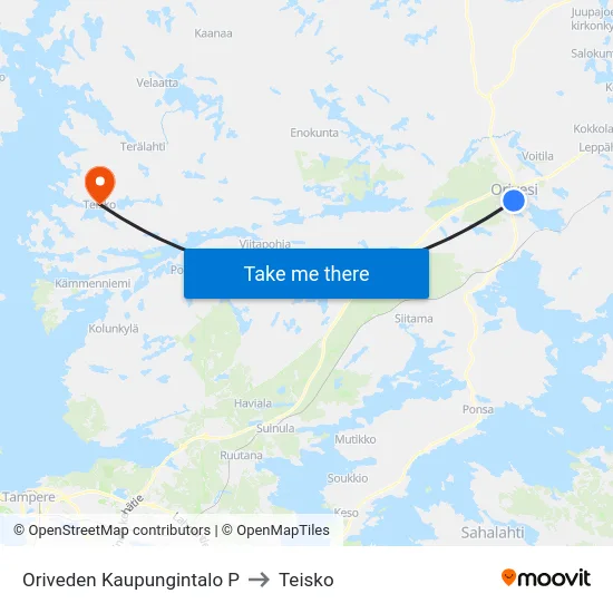 Oriveden Kaupungintalo P to Teisko map