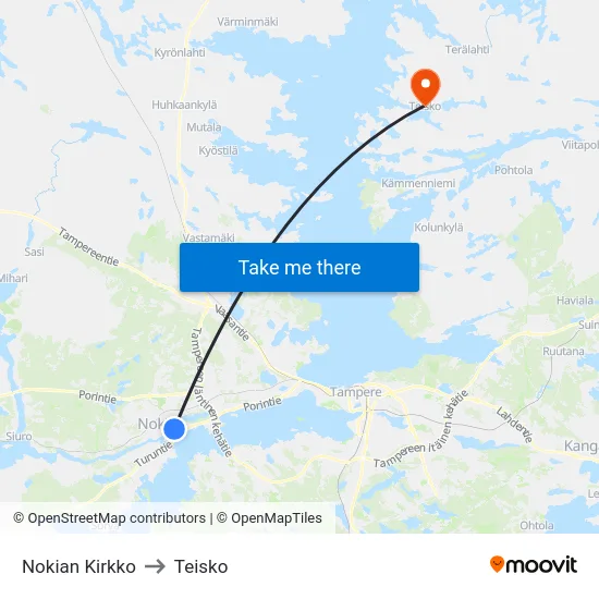 Nokian Kirkko to Teisko map