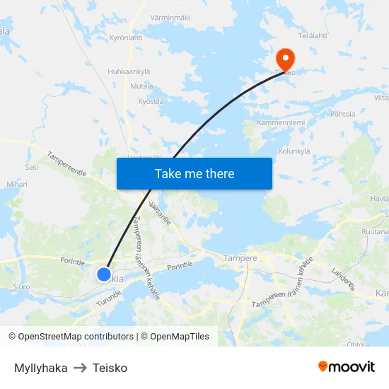 Myllyhaka to Teisko map