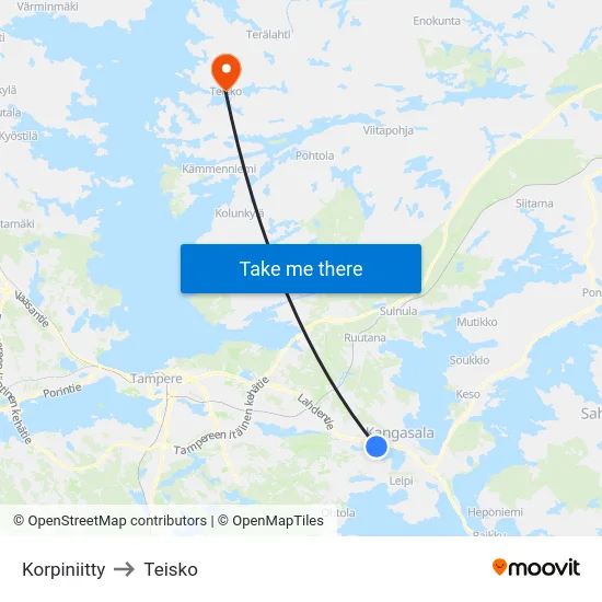 Korpiniitty to Teisko map