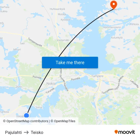 Pajulahti to Teisko map