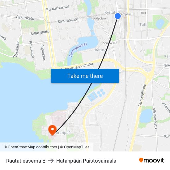Rautatieasema E to Hatanpään Puistosairaala map