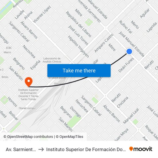 Av. Sarmiento X Laprida to Instituto Superior De Formación Docente Y Técnia Santo Tomás map