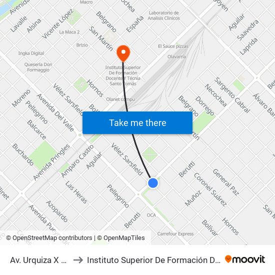 Av. Urquiza X Vélez Sársfield to Instituto Superior De Formación Docente Y Técnia Santo Tomás map