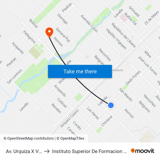 Av. Urquiza X Vélez Sársfield to Instituto Superior De Formacion Docente Nº22adolfo Alsina map