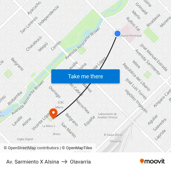 Av. Sarmiento X Alsina to Olavarría map