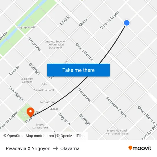 Rivadavia X Yrigoyen to Olavarría map