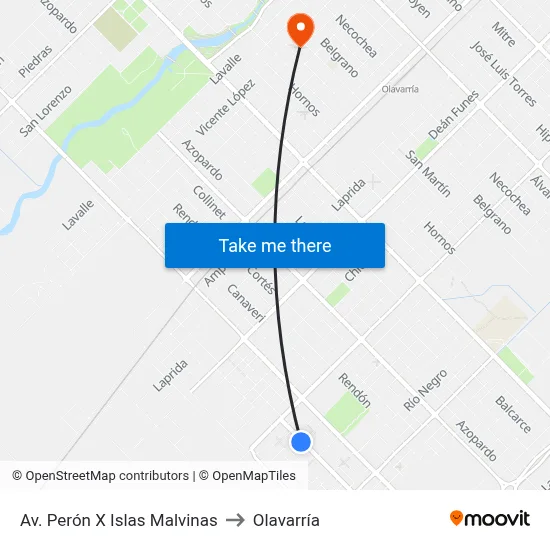 Av. Perón X Islas Malvinas to Olavarría map