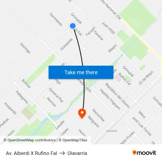 Av. Alberdi X Rufino Fal to Olavarría map