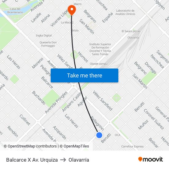 Balcarce X Av. Urquiza to Olavarría map