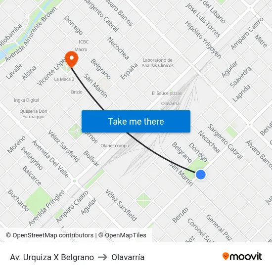 Av. Urquiza X Belgrano to Olavarría map