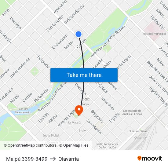 Maipú 3399-3499 to Olavarría map