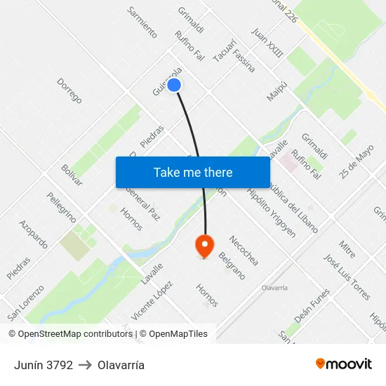 Junín 3792 to Olavarría map