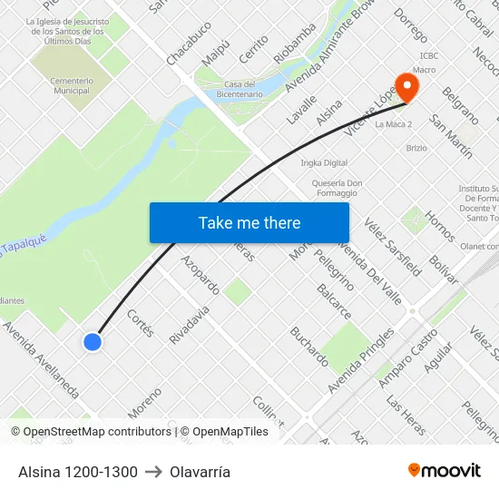 Alsina 1200-1300 to Olavarría map