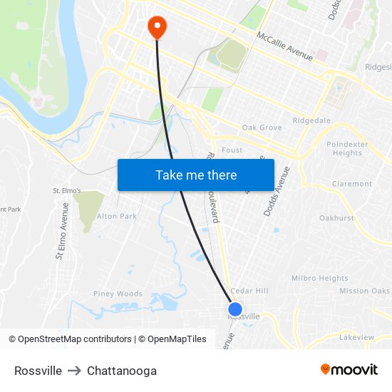 Rossville to Chattanooga map