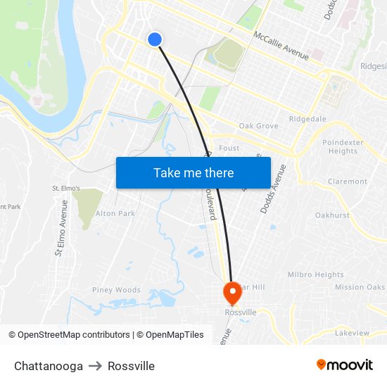 Chattanooga to Rossville map