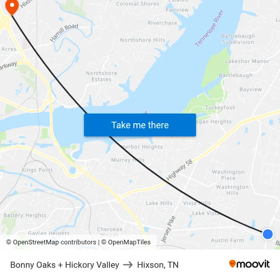 Bonny Oaks + Hickory Valley to Hixson, TN map