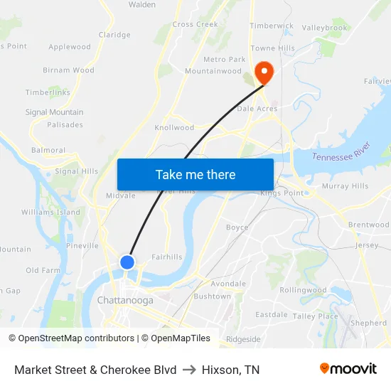 Market Street & Cherokee Blvd to Hixson, TN map