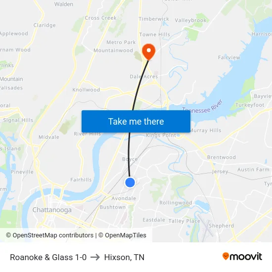 Roanoke & Glass 1-0 to Hixson, TN map