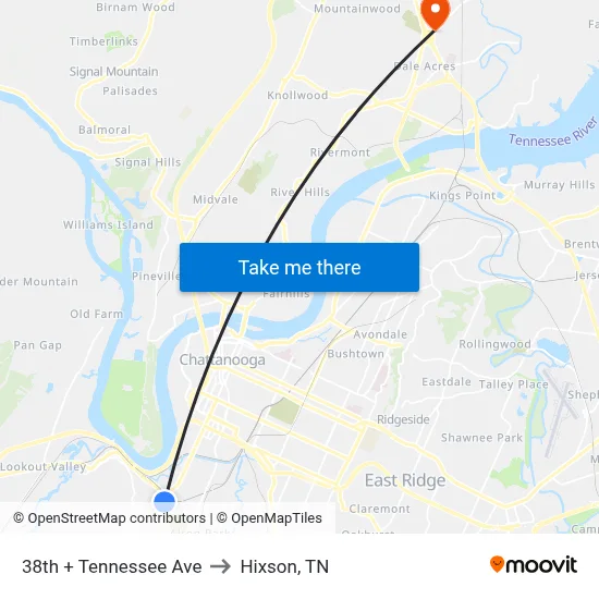 38th + Tennessee Ave to Hixson, TN map