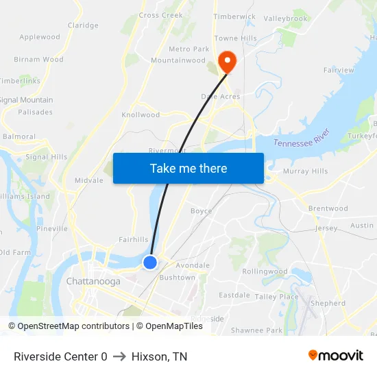 Riverside Center 0 to Hixson, TN map