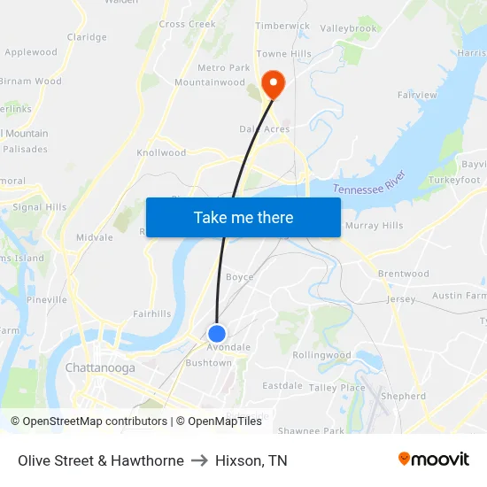 Olive Street & Hawthorne to Hixson, TN map