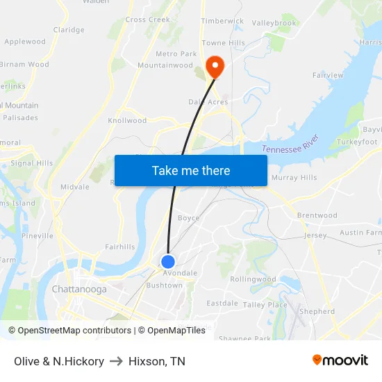Olive & N.Hickory to Hixson, TN map
