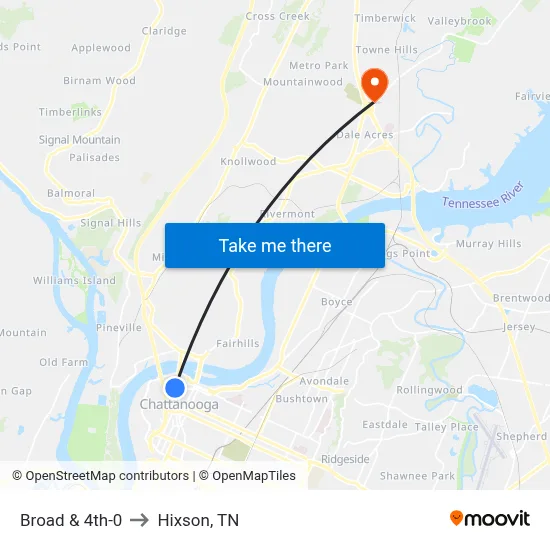 Broad & 4th-0 to Hixson, TN map