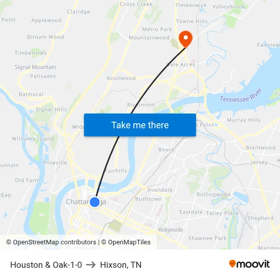 Houston & Oak-1-0 to Hixson, TN map