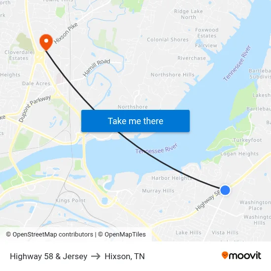 Highway 58 & Jersey to Hixson, TN map