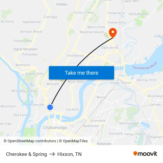 Cherokee & Spring to Hixson, TN map