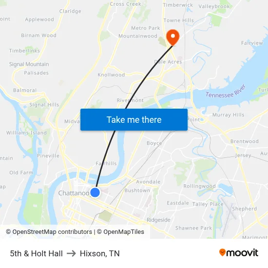 5th & Holt Hall to Hixson, TN map