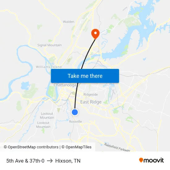 5th Ave & 37th-0 to Hixson, TN map