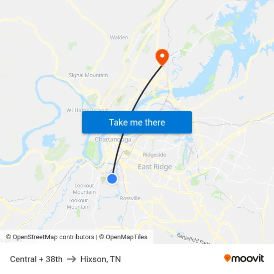 Central + 38th to Hixson, TN map