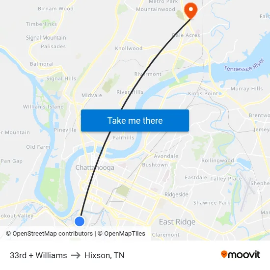 33rd + Williams to Hixson, TN map