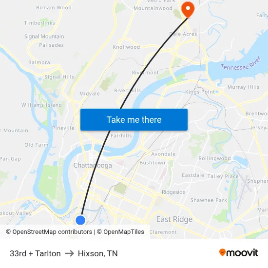 33rd + Tarlton to Hixson, TN map