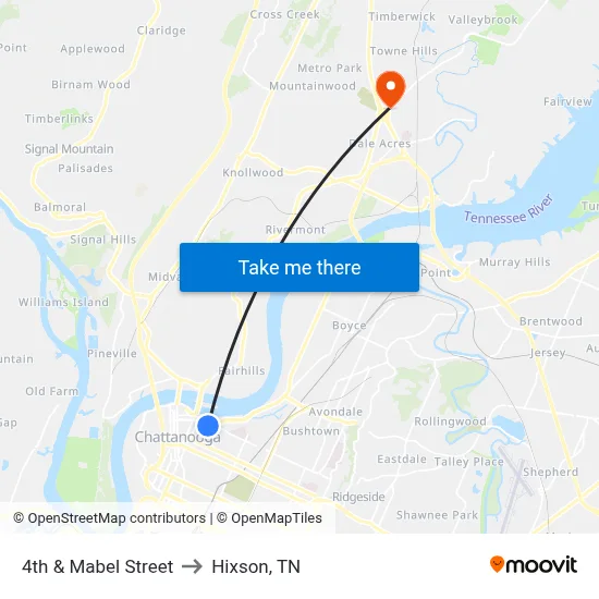 4th & Mabel Street to Hixson, TN map