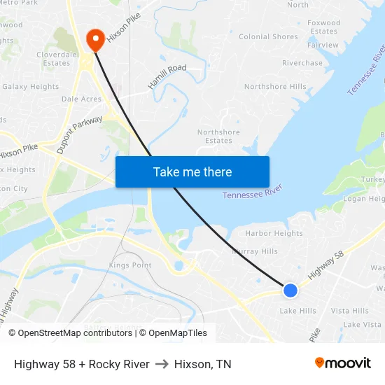 Highway 58 + Rocky River to Hixson, TN map