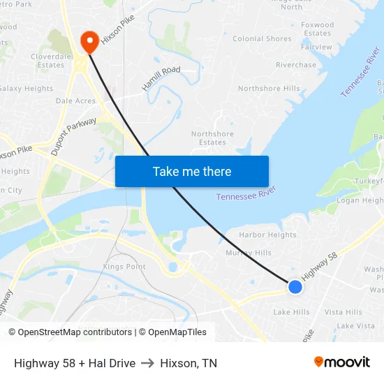 Highway 58 + Hal Drive to Hixson, TN map