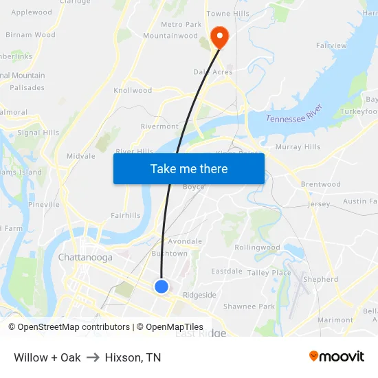 Willow + Oak to Hixson, TN map