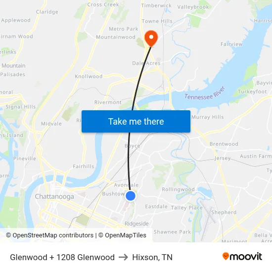 Glenwood + 1208 Glenwood to Hixson, TN map