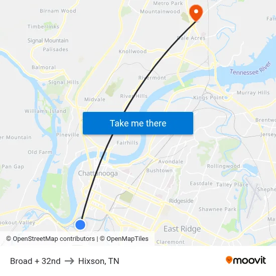 Broad + 32nd to Hixson, TN map